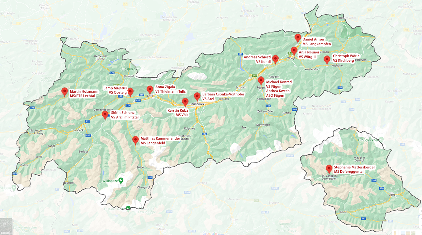 © https://www.google.com/maps/place/Tirol/ Tirolkarte mit den DigiMINTCoaches-Standorten